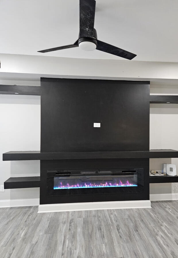 Electric fireplace install shelves and ceiling fan install